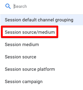 Screenshot showing the option to choose Session source/medium as a dimension instead of the default channel grouping in GA4’s traffic acquisition report