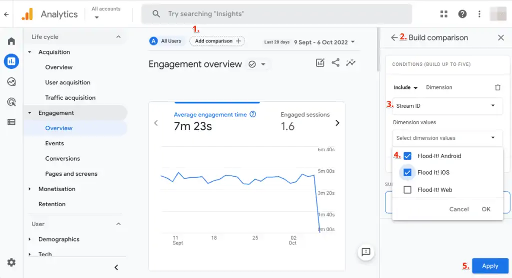 Screenshot showing the reports section on how to add and select one or more data streams for reporting