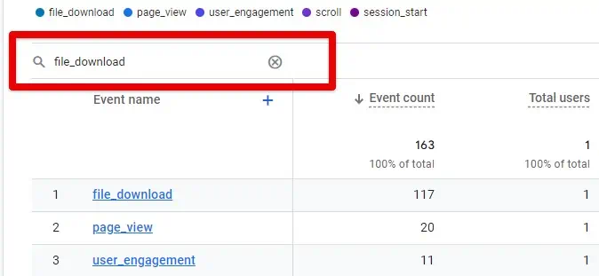 Searching file downloads in events report