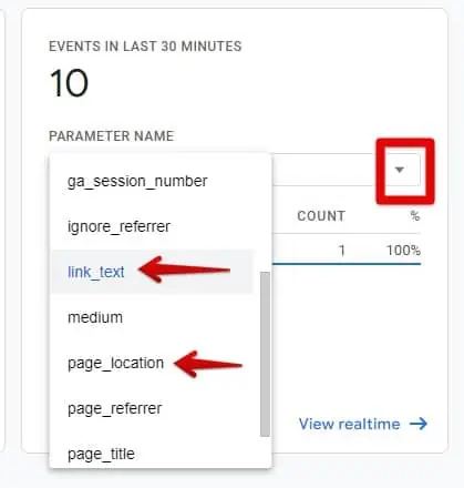 Select events parameters in events report