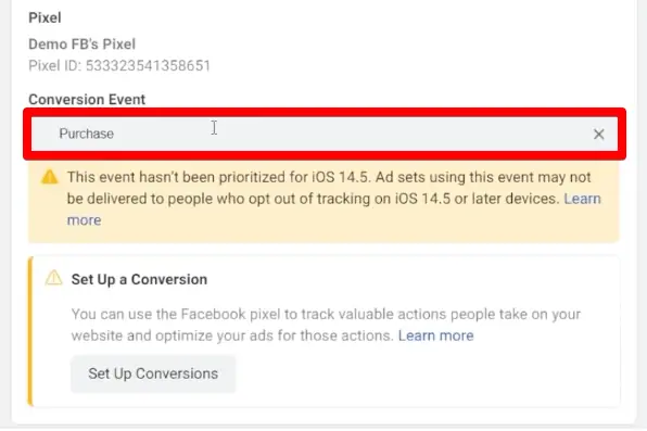 Selecting a purchase conversion event