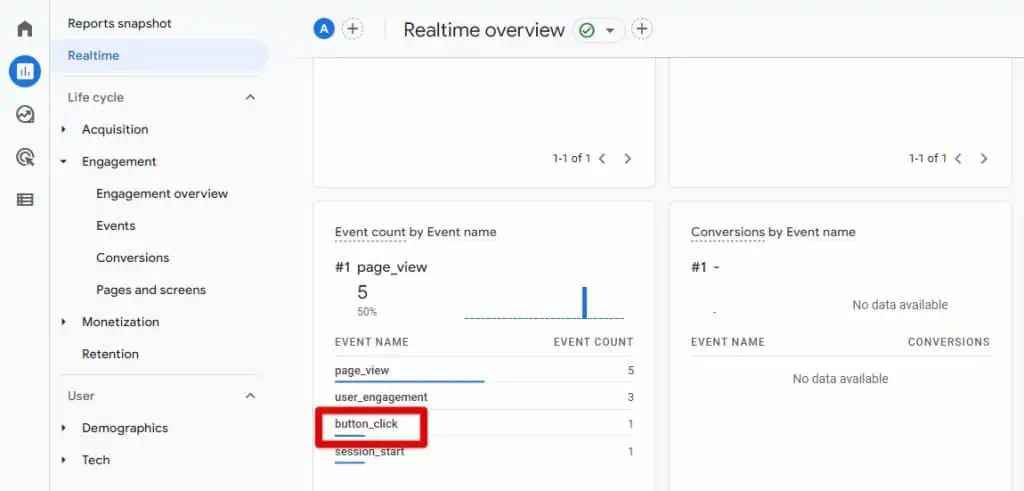 Selecting events in event count by event name in GA4 realtime