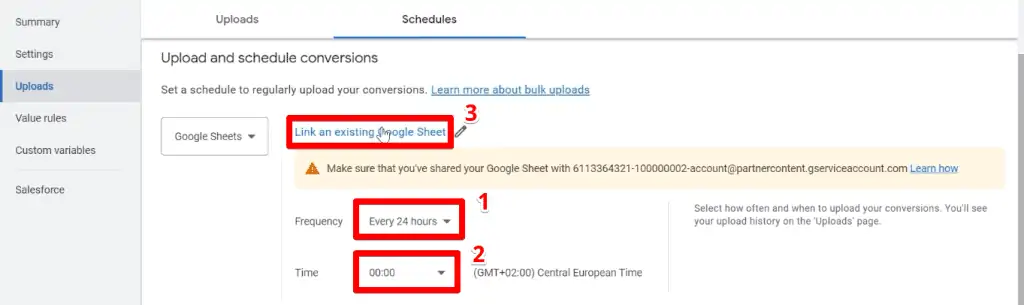 Selecting how often and when to upload the conversions