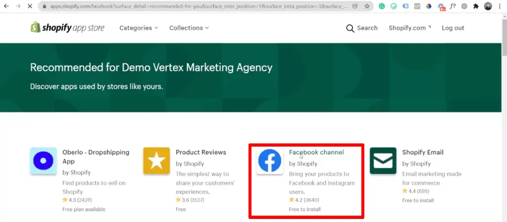 Selecting the Facebook channel app from the Shopify app store
