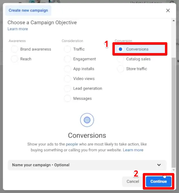 Selecting the conversions campaign objective