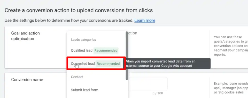 Selecting the converted lead goal optimization