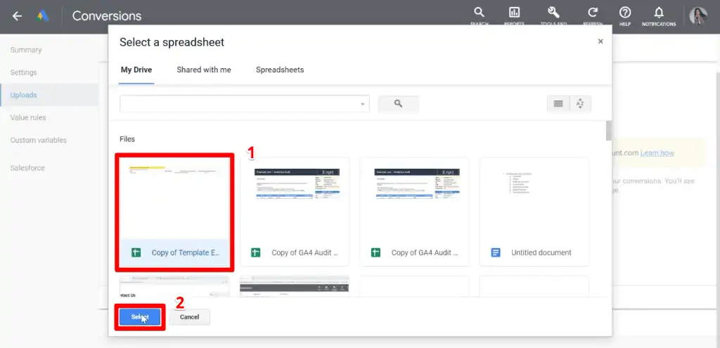 Selecting the spreadsheet of enhanced conversions for leads