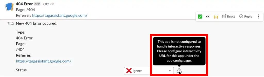 Slack warning message stating the app is not configured to handle interactive responses