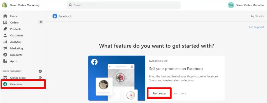 Starting the Facebook sales channel setup