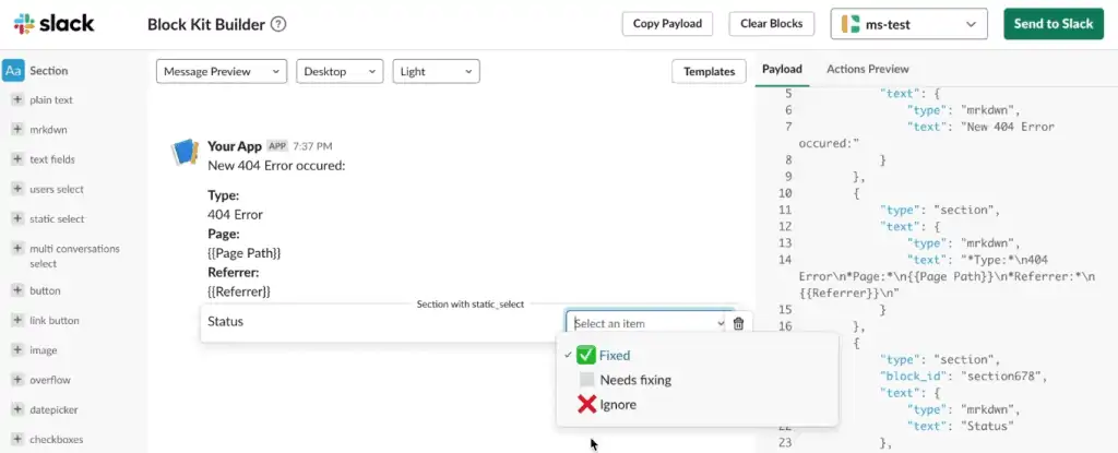 The slack message format for 404 errors