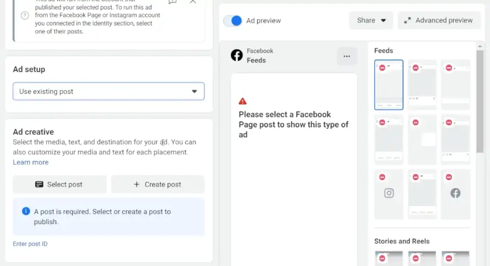 Using an existing post for the ad setup