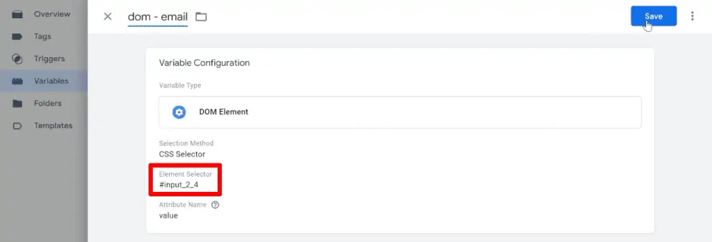 Variable configuration change for the email form field
