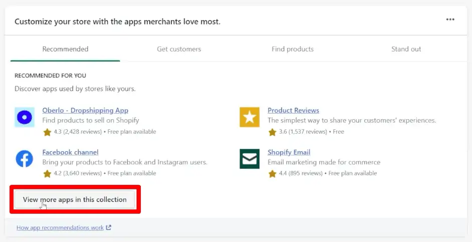 Viewing more apps from the Shopify app store