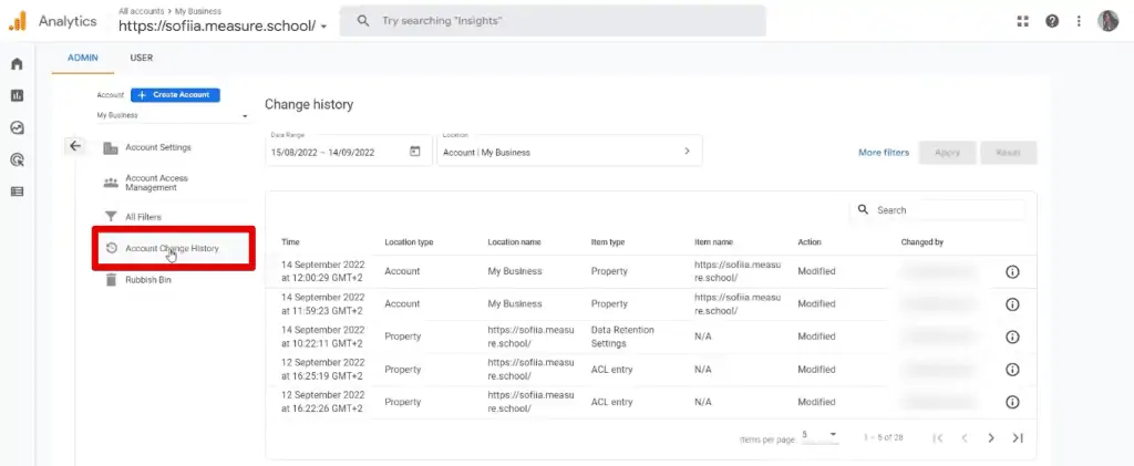 Accessing the account change history
