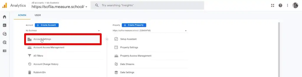 Accessing the account settings