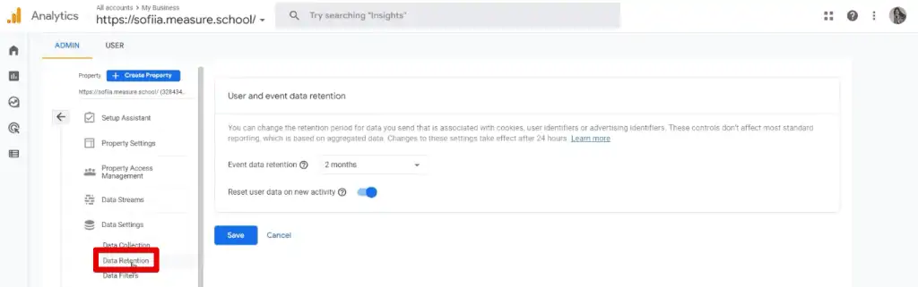 Accessing the data retention settings