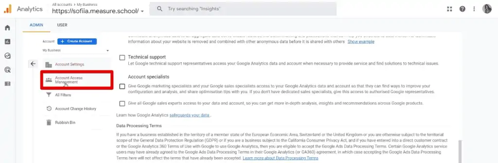 Account access management settings
