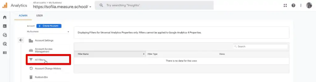 Account settings filters
