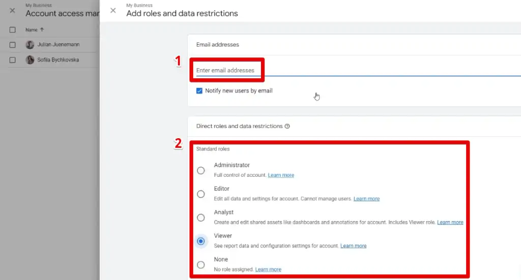 Adding the user’s email address and assigning a role