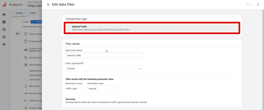 Choosing the internal traffic filter type