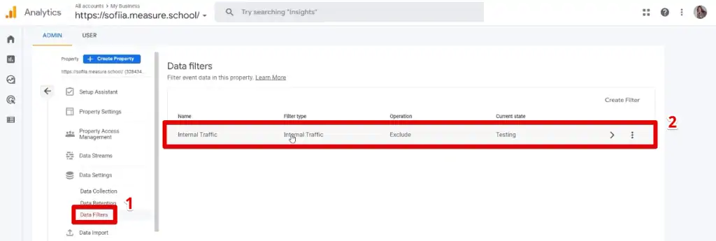 Internal traffic data filter