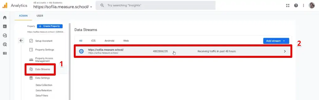 Opening the data stream settings