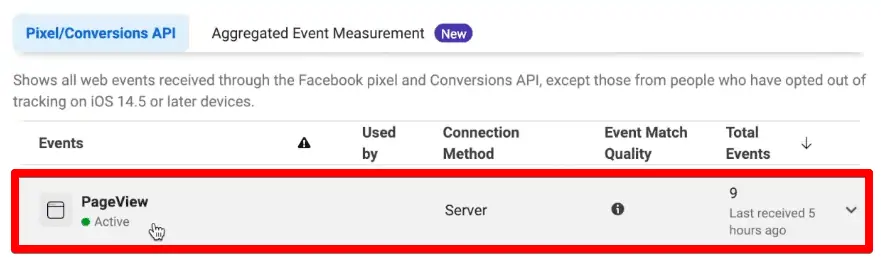 Pageview event in the Meta Pixel events manager