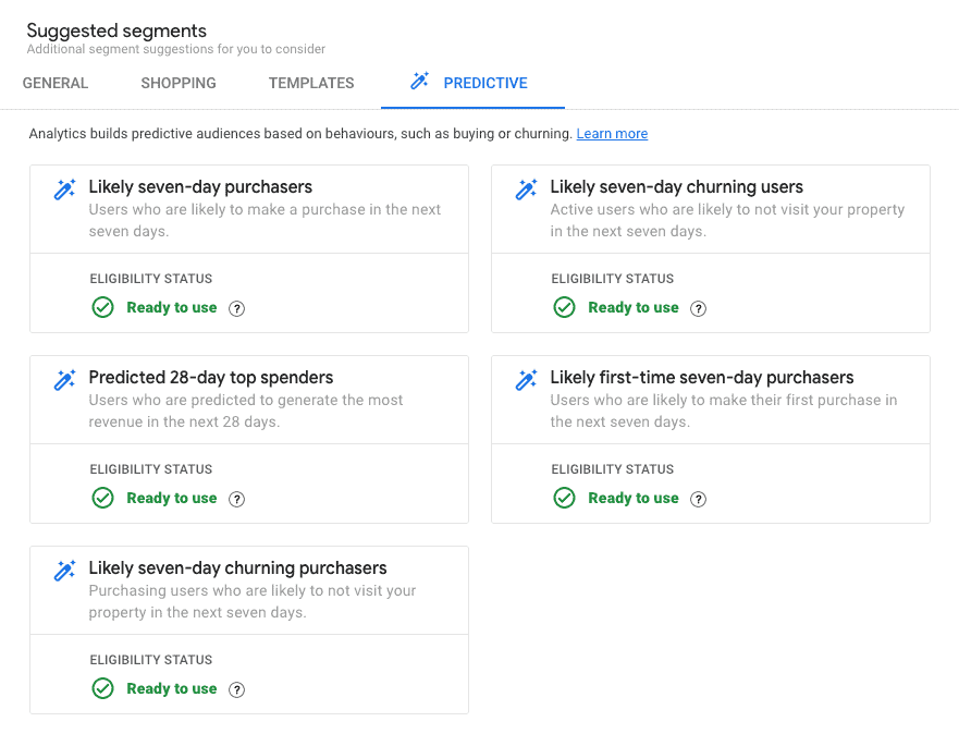 Screenshot of Predictive suggested segments in Google Analytics 4