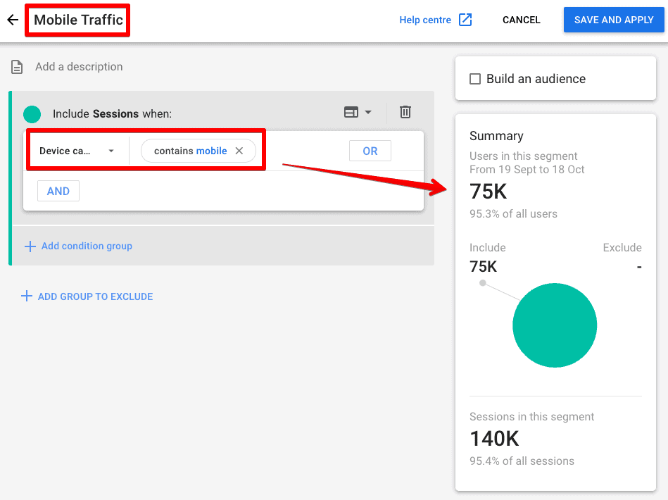 Screenshot of the Mobile Traffic segment and the users in the summary