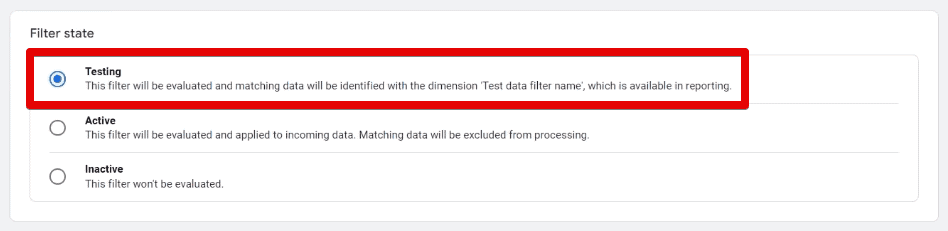 The testing filter state option