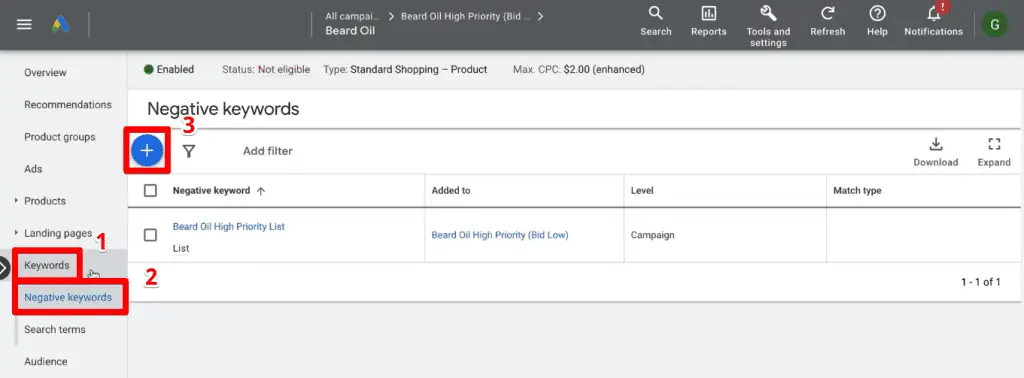 Adding a negative keyword