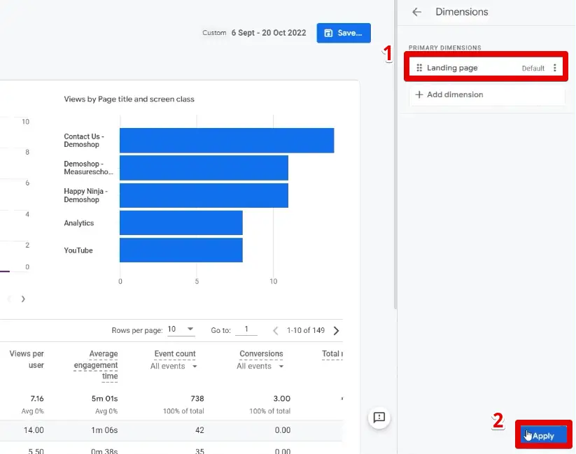 Adding the landing page dimension to the report