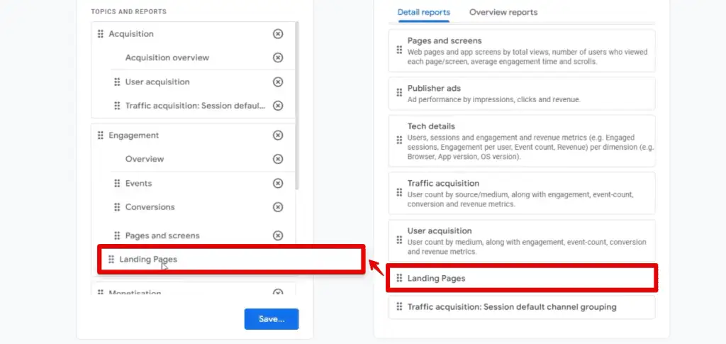 Adding the landing pages report to the engagement topic