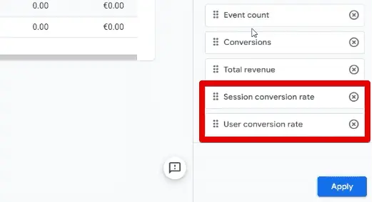 Adding the session and user conversion rate to the report