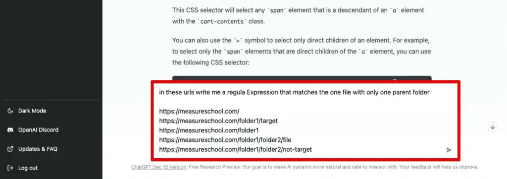 Asking ChatGPT to create a regular expression to select the URL that matches the file with only one parent folder