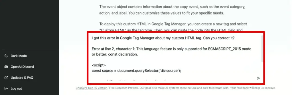 Asking ChatGPT to fix the sample custom HTML code