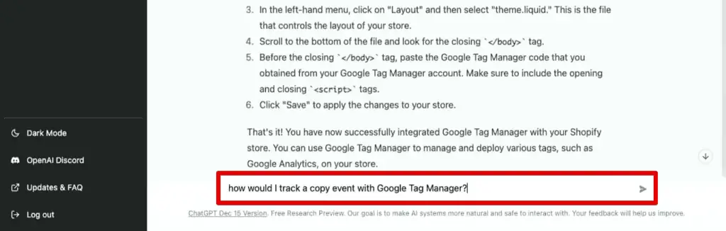 Asking how to track a copy event with GTM to ChatGPT