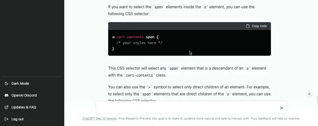 CSS selector for ‘span’ elements inside the ‘a’ elements with ‘cart-contents’ class
