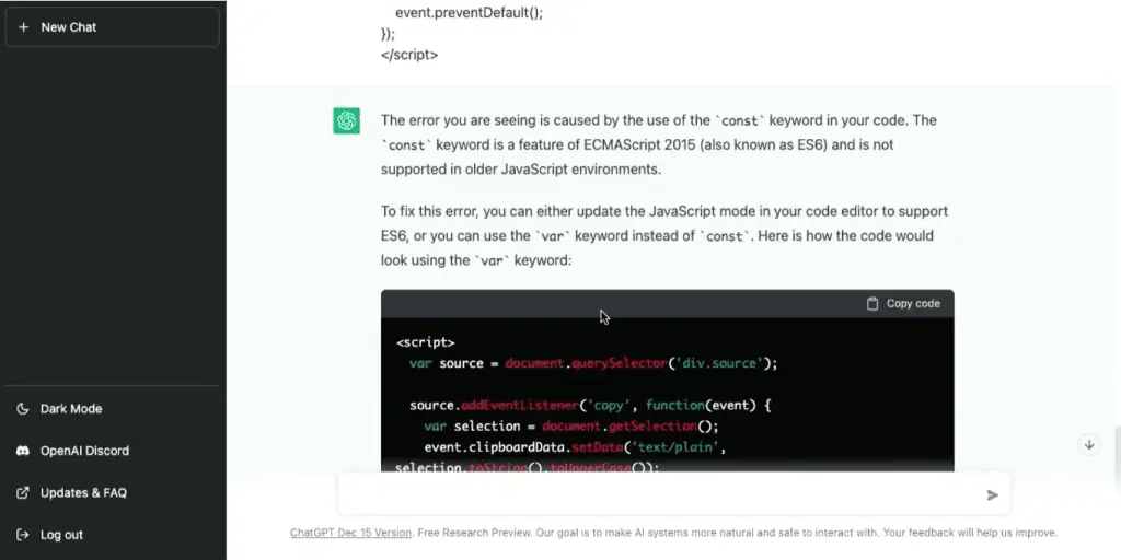 ChatGPT’s response for fixing the custom HTML code