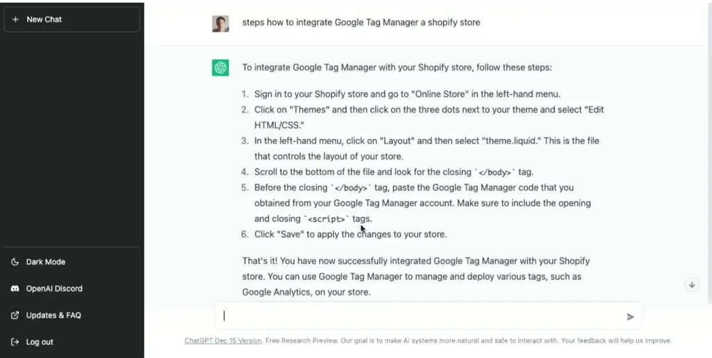 ChatGPT’s response on integrating GTM to a Shopify store