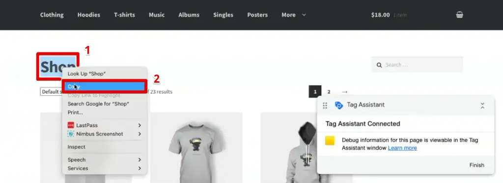 Copying text from the website