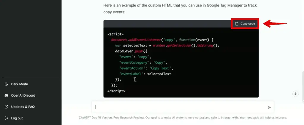 Copying the custom HTML code for the copy event