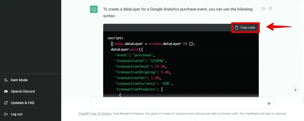 Copying the dataLayer.push for the GA purchase event