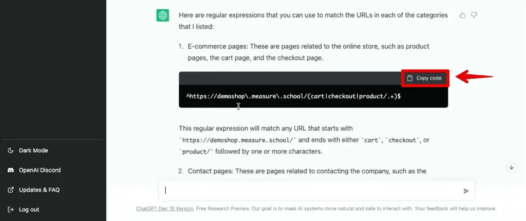 Copying the regular expressions for the demo shop categories