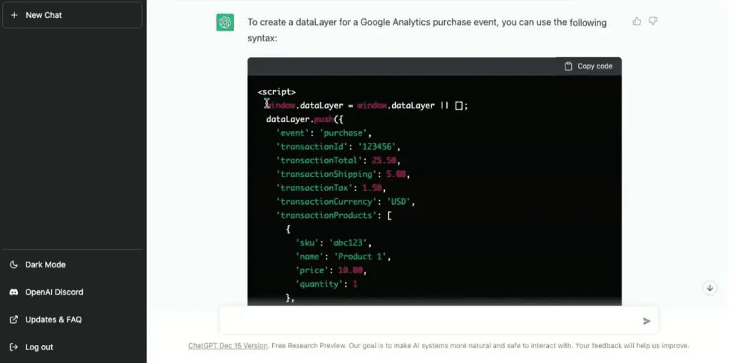 Data layer for a Google Analytics purchase event