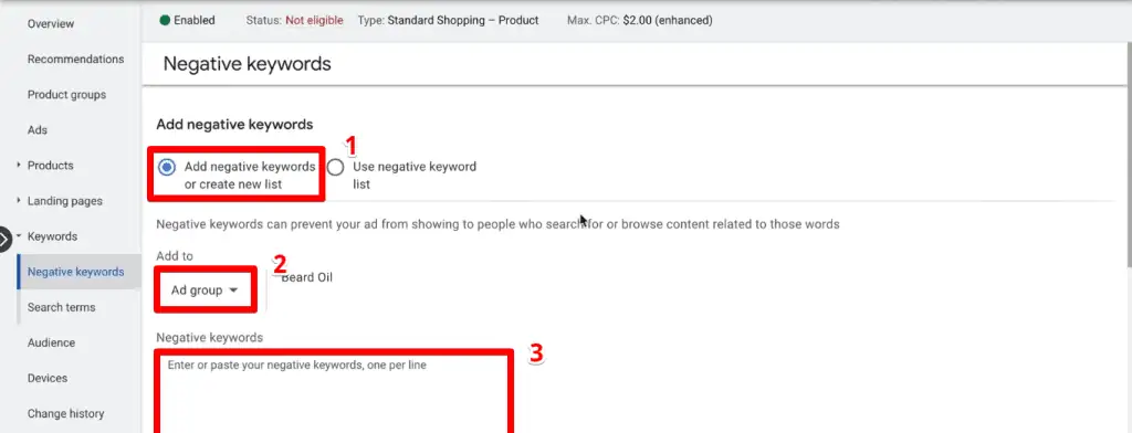 Detailed steps for adding negative keywords