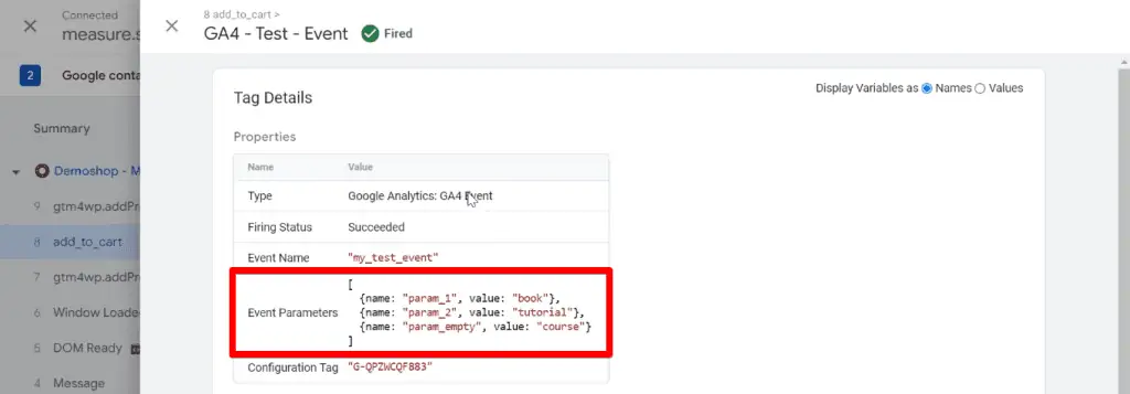 Event parameters sent by the GA4 event tag