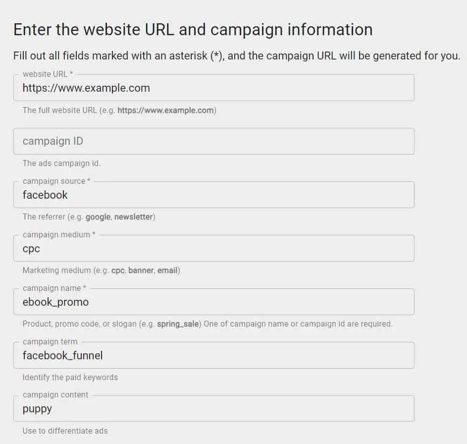 Facebook ad campaign parameters
