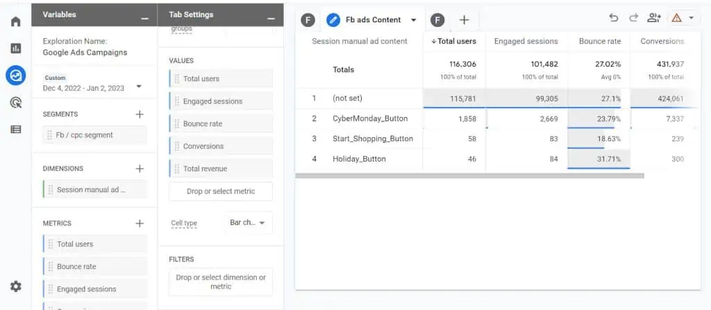 Facebook ads content in explorations