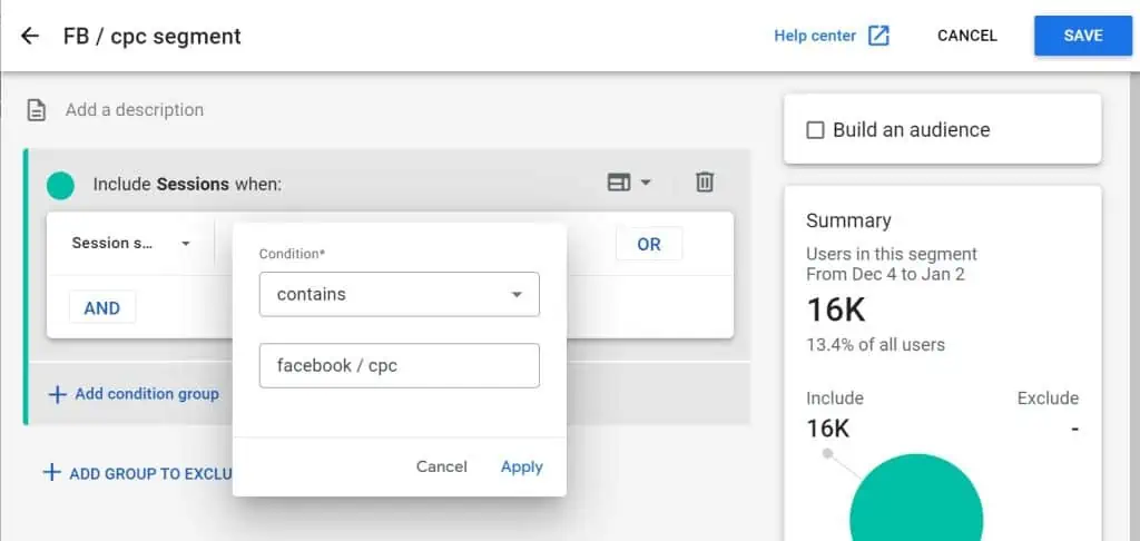 Facebook ads segment in GA4